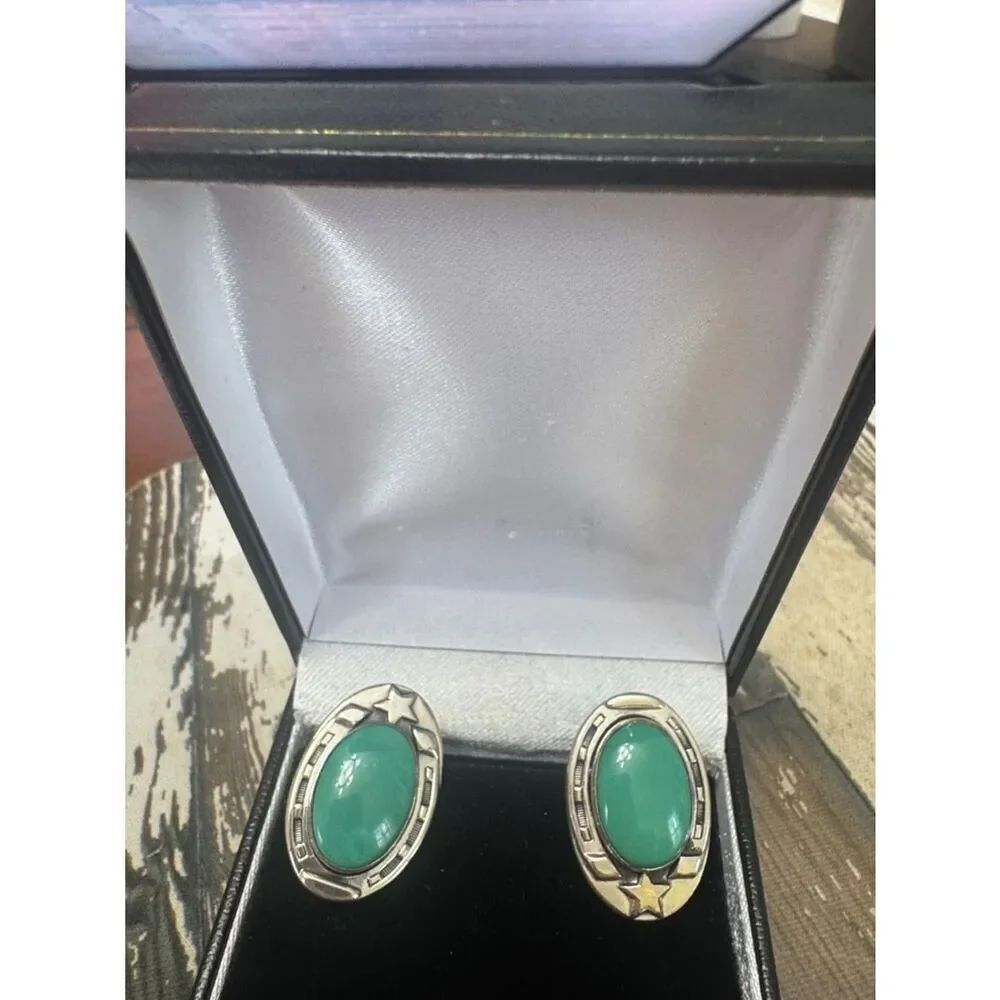 *Sheriff Star* *Western* Oval Turquoise Cabochon Sterling Cufflinks